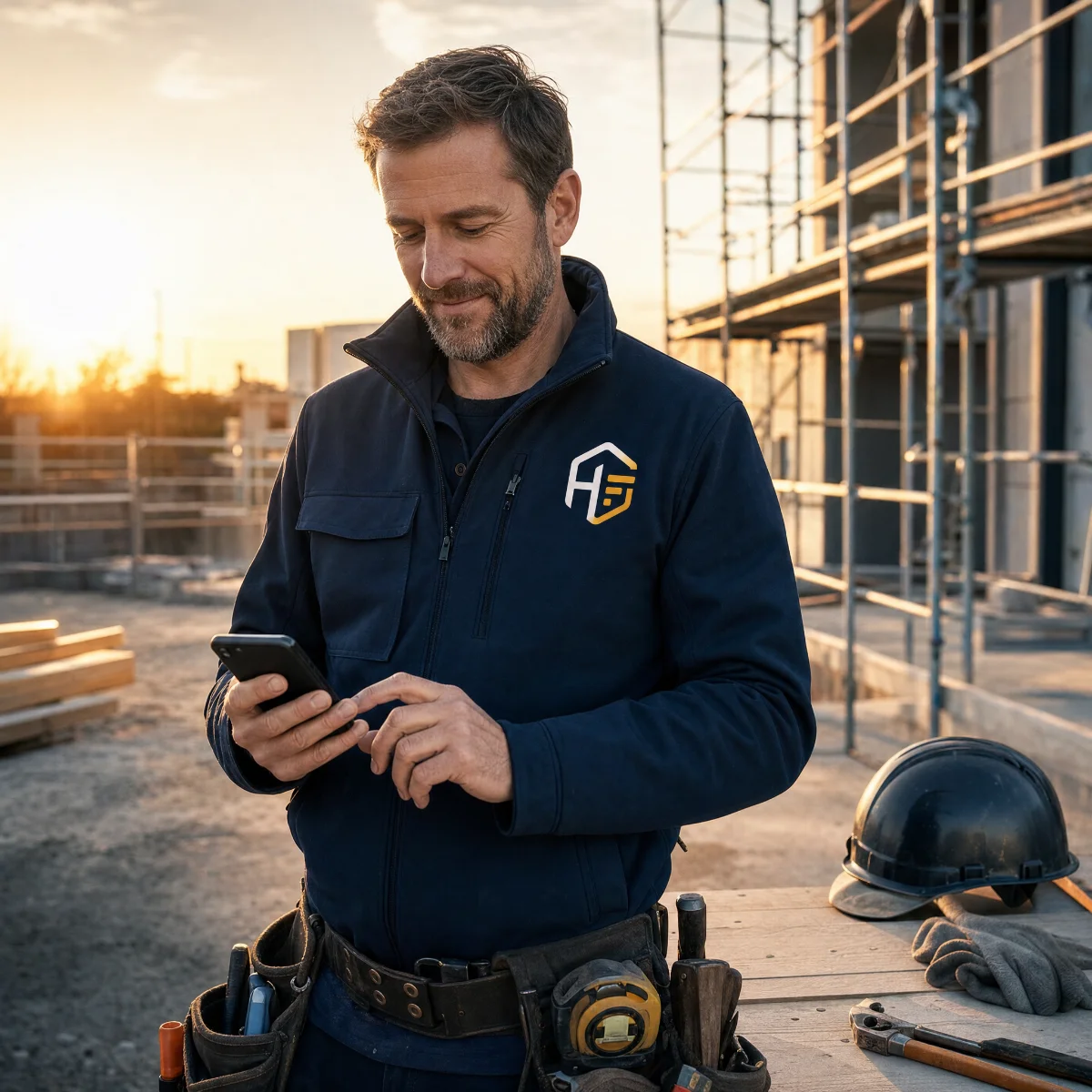 Handwerker in HandwerkOS-Jacke auf der Baustelle schaut aufs Handy