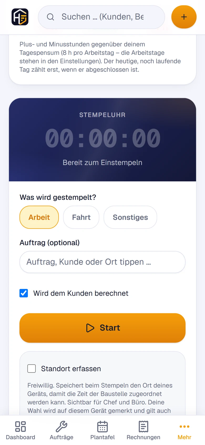 HandwerkOS am Handy: Stempeluhr mit großem Start-Knopf
