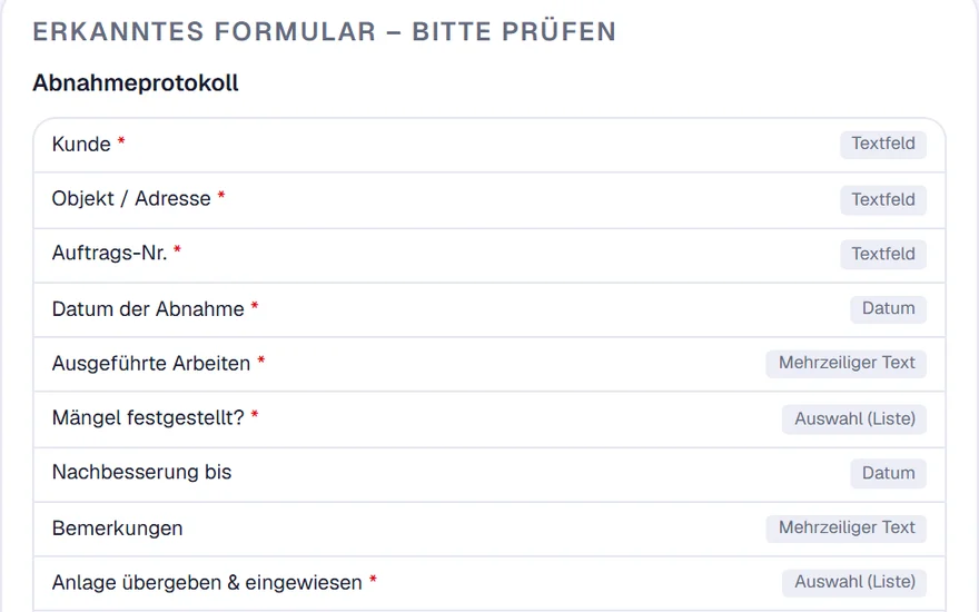 HandwerkOS macht aus einem hochgeladenen Papierformular ein digitales Formular: Vorschau der erkannten Felder