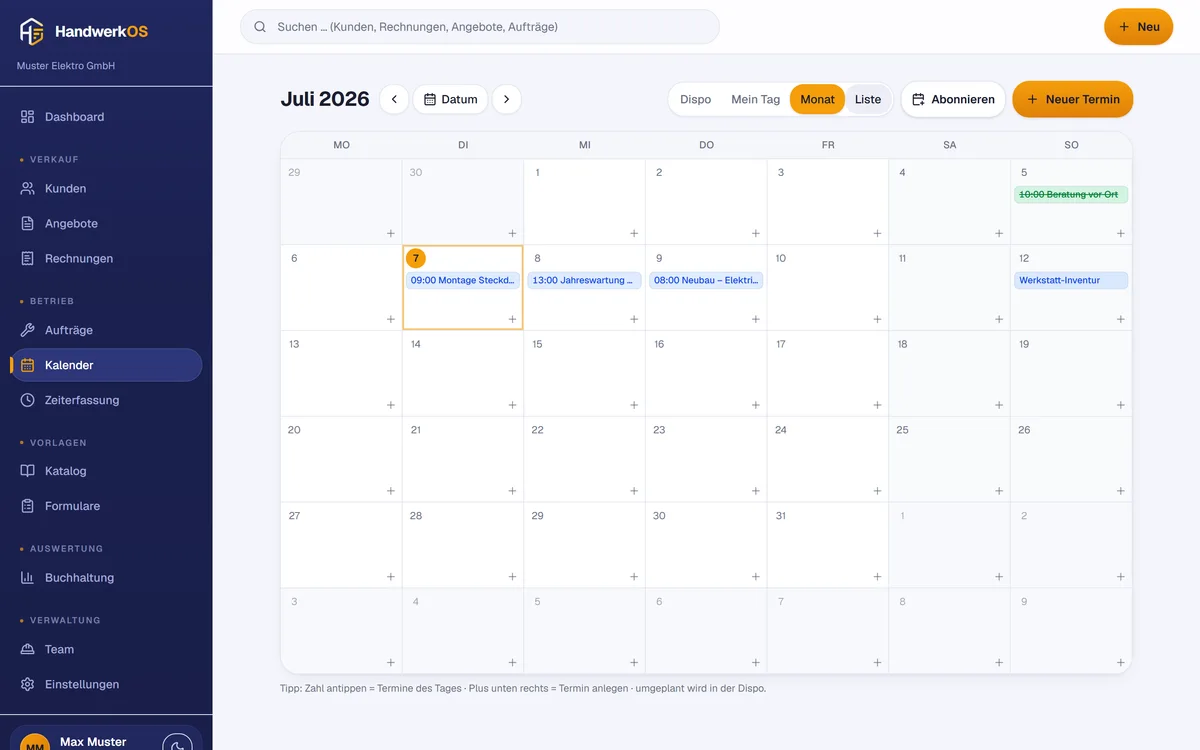 Kalender-Monatsansicht mit Terminen des Betriebs