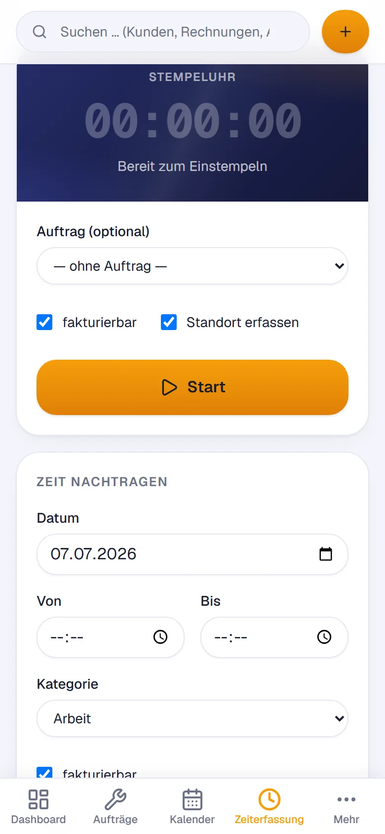 HandwerkOS auf dem Handy: Stempeluhr mit großem Start-Knopf und Zeit nachtragen